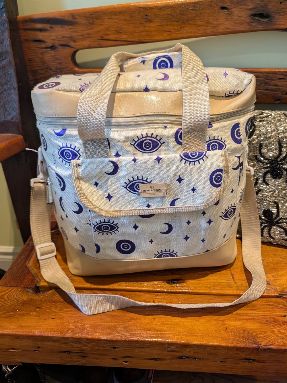 Natural Elements Canvas Cooler Tote Bag in Cream and Purple Evil Eye